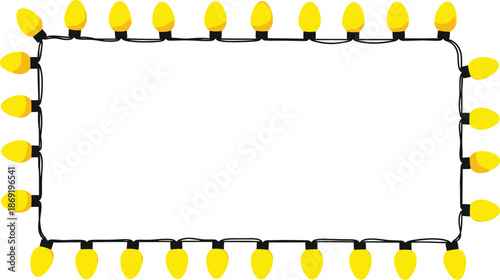 Rectangular frame made of yellow Christmas string lights with black wire border isolated on white background