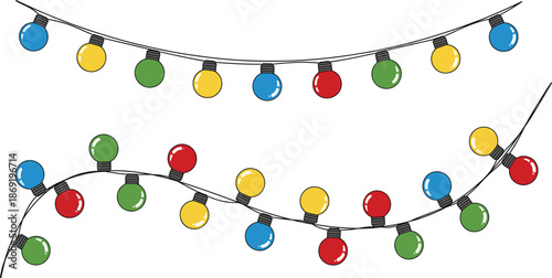 Two strands of colorful Christmas string lights with round bulbs hanging in curved lines on white background
