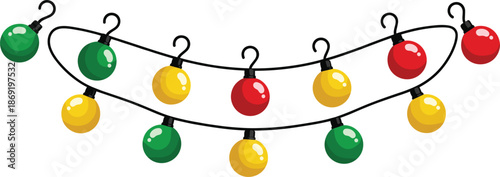 Festive hanging string lights vector illustration with colorful round bulbs garland isolated on white background for holiday decoration design