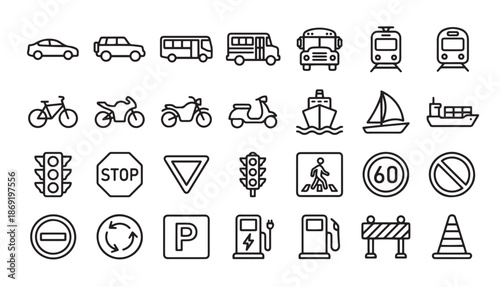 A comprehensive set of 28 minimalist black outline vector icons representing various modes of transport and traffic control signs, including cars, buses, trains, bikes, and road symbols.