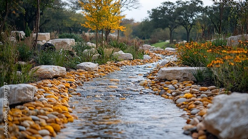 Serene stream flowing through autumnal park landscape.
