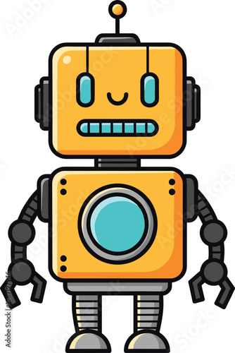 Cute friendly robot character vector illustration with smiling face and mechanical body isolated on white background for kids and technology design