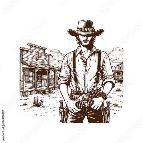 A cowboy standing in front of a western town with a gun