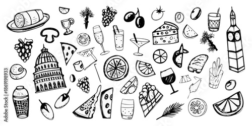 A collection of hand drawn food drinks and a landmark building illustration