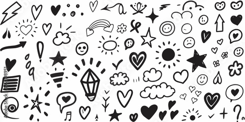 A playful collection of hand drawn doodle elements featuring hearts stars and faces
