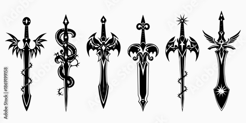 A striking collection of ornate black silhouette fantasy swords on a white background