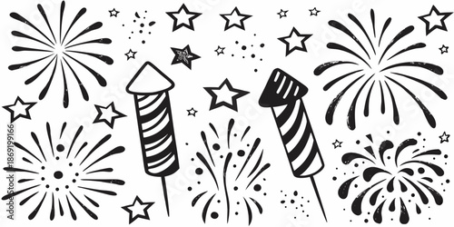 Hand drawn illustration of fireworks rockets and stars on a white background