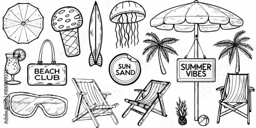 A charming sketch of summer essentials beach items and sunny accessories