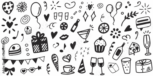 A playful collection of hand drawn party and celebration themed doodles