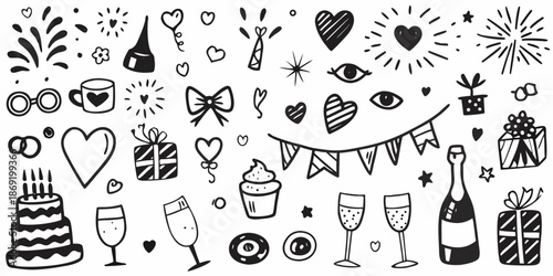 A collection of hand drawn celebratory doodles including hearts champagne and gifts