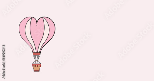 A charming pink heart-shaped hot air balloon with stripes and a small basket floating against a soft pink background, symbolizing love and adventure.