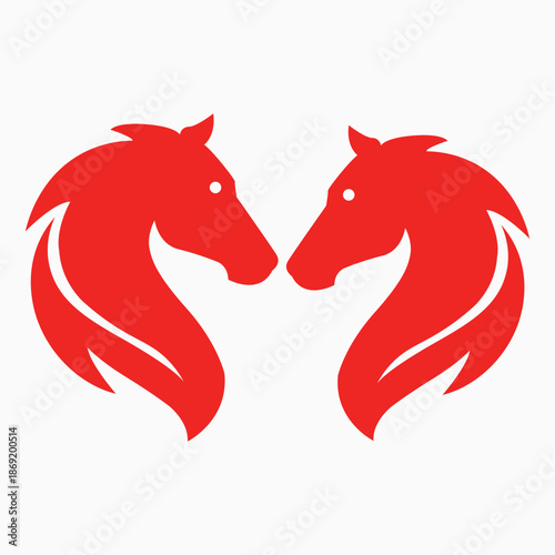 Two stylized red horse heads facing each other symmetrically on a white background, resembling a heraldic emblem or chess knight design.