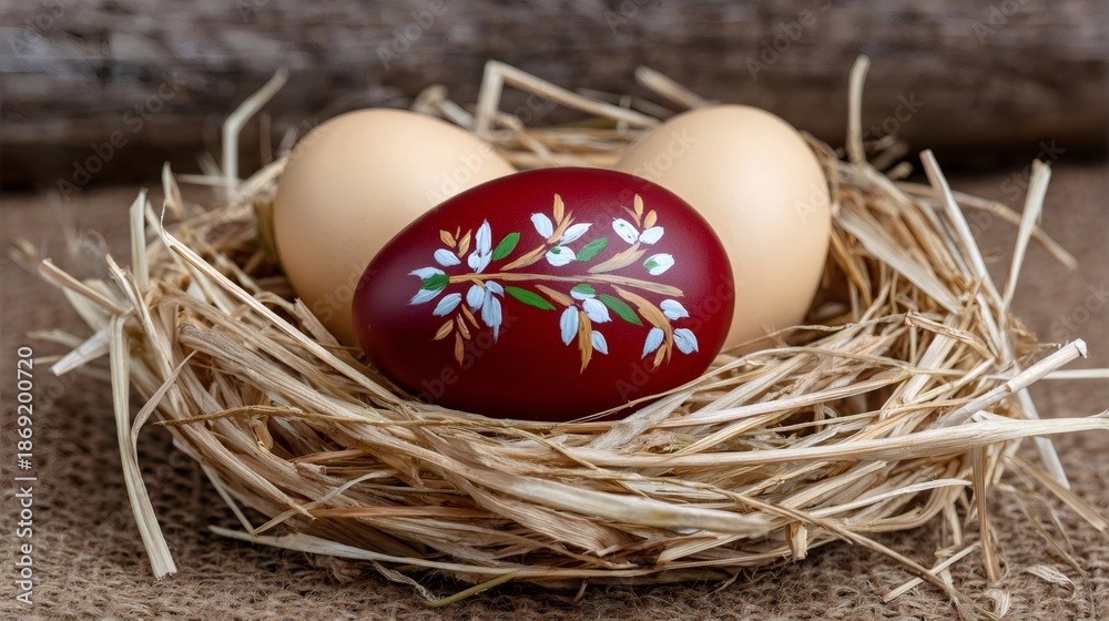 Fototapeta premium Decorating red Easter egg with floral pattern in nest