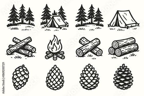 Icon glade pine firewood vector outline tent forest icons camping set cones