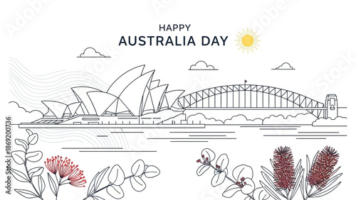 Happy Australia Day Celebration with Iconic Landmarks and Native Flora