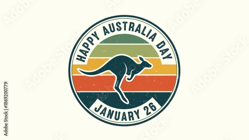 Vibrant retro badge with a jumping kangaroo silhouette, perfect for national celebrations and cultural events, featuring classic striped background