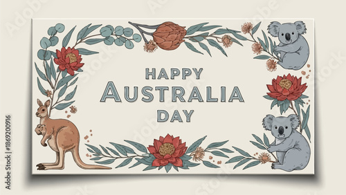 Charming hand-drawn illustration celebrating the unique nature and spirit of a Southern Hemisphere nation, featuring iconic marsupials and vibrant native Australian flora