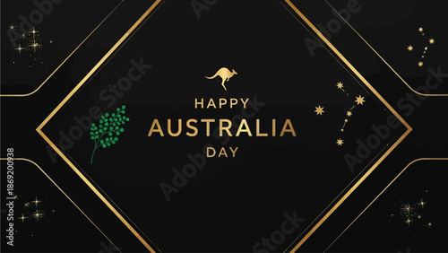 Happy Australia Day Celebration Design with Kangaroo Silhouette and Eucalyptus Leaves