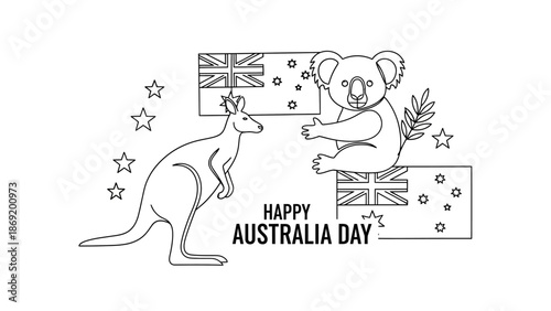 Charming black and white line art illustration featuring Australia's beloved kangaroo and koala, accented by national flags, ideal for national celebrations and creative projects