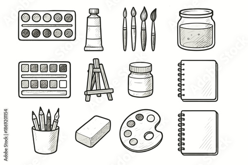 Water set jar art artistic icon sketchbook icons supplies brushes vector