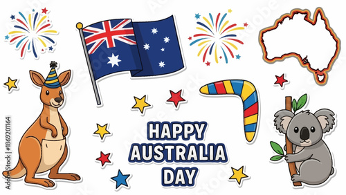 Happy Australia Day Celebration with Kangaroo, Koala, Boomerang, and Flag