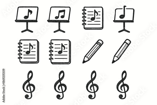 Clef note music sketch vector icon pencil artistic treble desk icons notebook