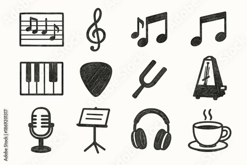 Headphones treble icon pick guitar keys set notes record vector music