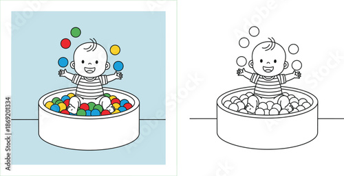 Happy Cartoon Baby Playing in a Colorful Ball Pit