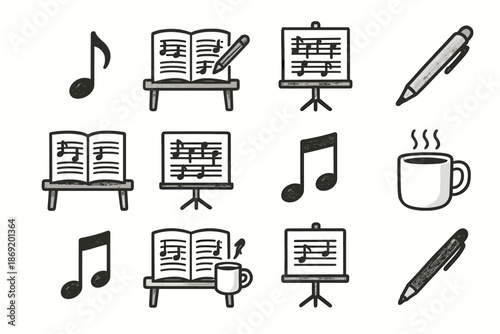 Practice coffee icon mug holder scene pen vector musical icons daily sheet