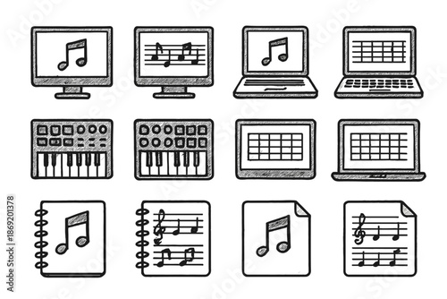 Note ink laptop music controller notepad icons desk digital vector composer icon