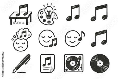 Creative notes collection icon ink mood vector player record pen music rough