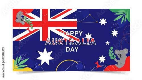 Vibrant Australian National Day celebration banner with patriotic flag, cheerful koalas, and abstract elements for festive greetings and events