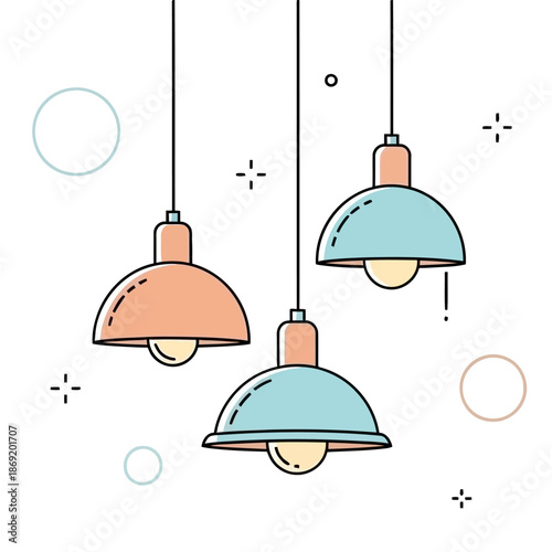 Three modern hanging pendant lights with pastel colors. Flat vector line art illustration of ceiling lamps for interior design decoration on white