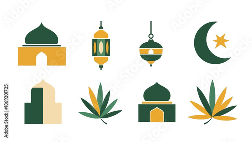Set of 8 geometric Islamic icons. Mosque, lantern, moon and floral leaves. Modern flat vector illustration in green and gold colors on white
