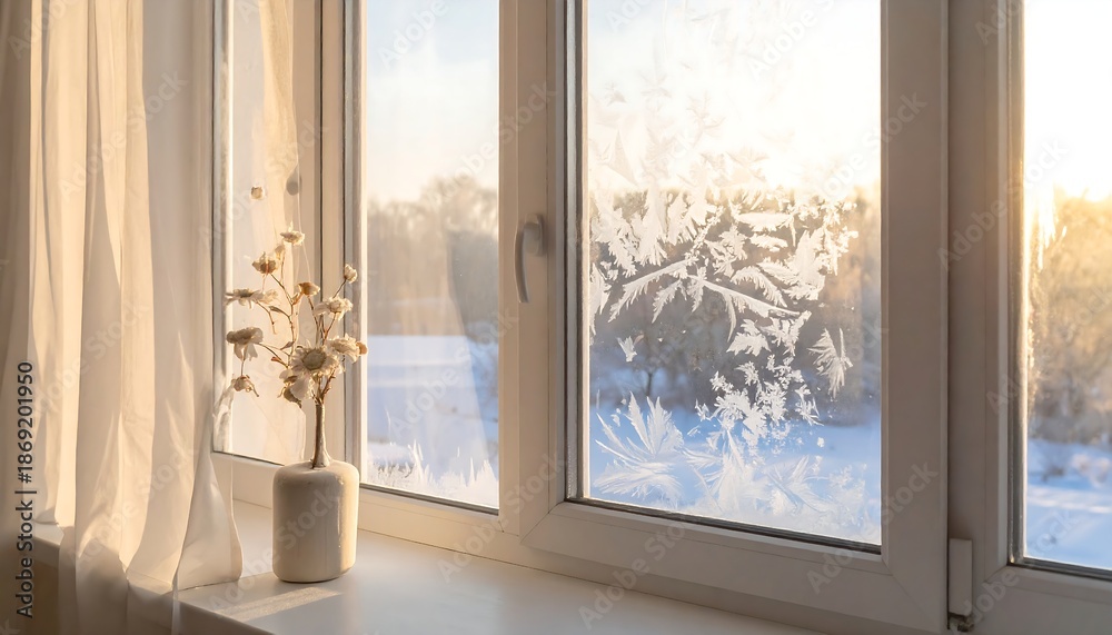 Fototapeta premium Frosted Window with Sunlight on a Winter Morning