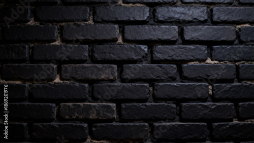 Close-up of a black brick wall with textured surface and mortar lines