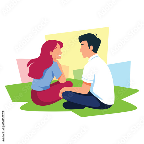 Vector illustration of romantic couple picnic young man and woman sitting on grass back view ideal for love nature leisure or outdoor couple themed design