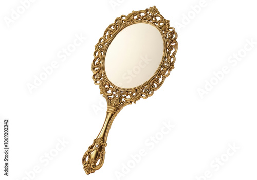 Antique golden hand mirror intricate floral design elegant vintage vanity accessory transparent background