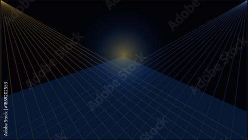 Dark Tech Background with Golden Geometric Perspective and Light Glow