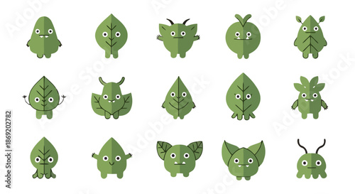 Cute plant character with leaves and happy expression, isolated on black.