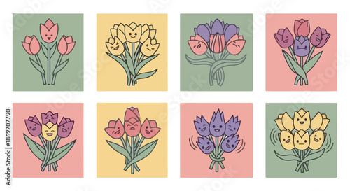 Set of cute green leaf monsters with simple faces