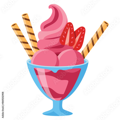 Vector illustration of strawberry ice cream sundae with whipped cream and strawberries on top pink ice cream cup isolated on white background with wafer