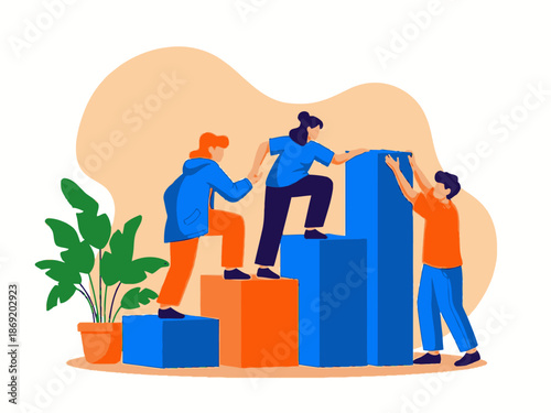 Three people working together to build a bar graph in an orange and blue color scheme