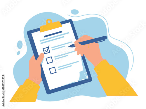 Hands holding clipboard and pen to check off list on paper
