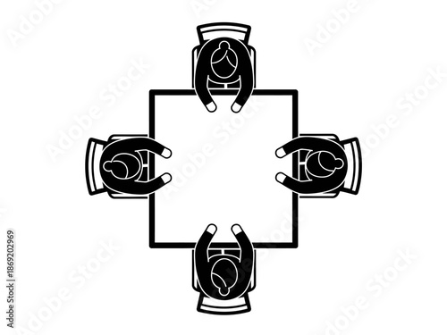 Vector illustration of four people sitting around a square table in a meeting