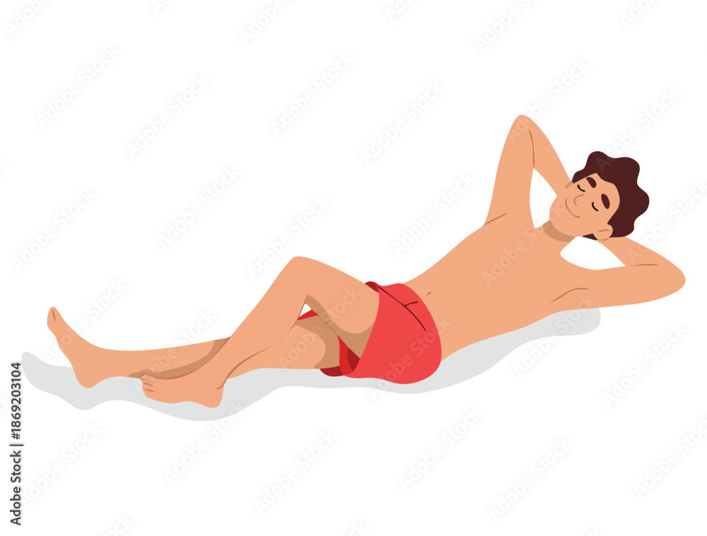 Obraz premium Vector illustration of teenage boy sunbathing happy child on summer vacation ideal for summer fun, beach holiday, and outdoor leisure designs