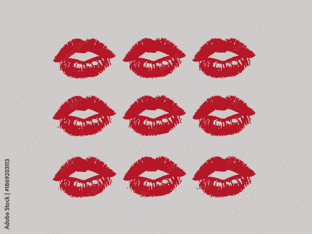 Fototapeta premium Collection of red lipstick kiss marks on lips gray background