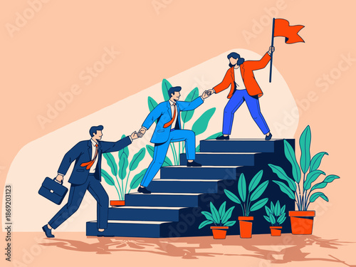 Business people climbing up the career ladder with success and teamwork