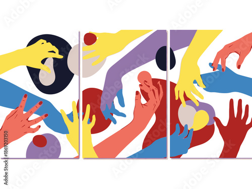 Colorful hands reaching for each other in a divided composition