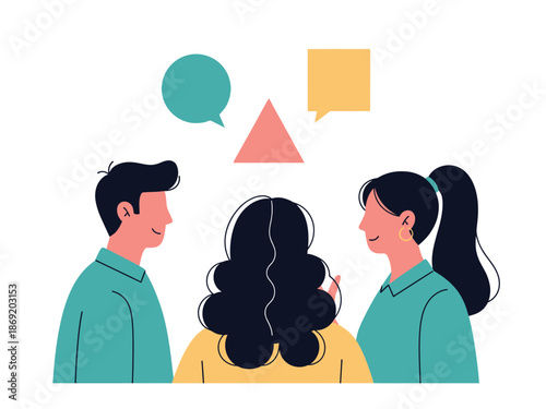 A group of people talking and communicating with each other in a friendly manner with speech bubbles
